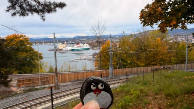 Hand-painted penguin stone #1689 hidden at Art Installation at Ekeberg, Oslo, Norway