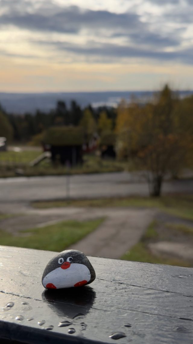 Hand-painted penguin stone #2300 hidden at Reist af Bankchef F. H. Frolich Monument, Oslo, Norway (photo 3 of 5)