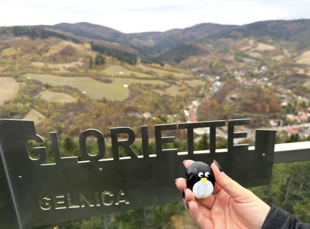 Hand-painted penguin stone #90 hidden at Gloriette, Gelnica, Slovakia