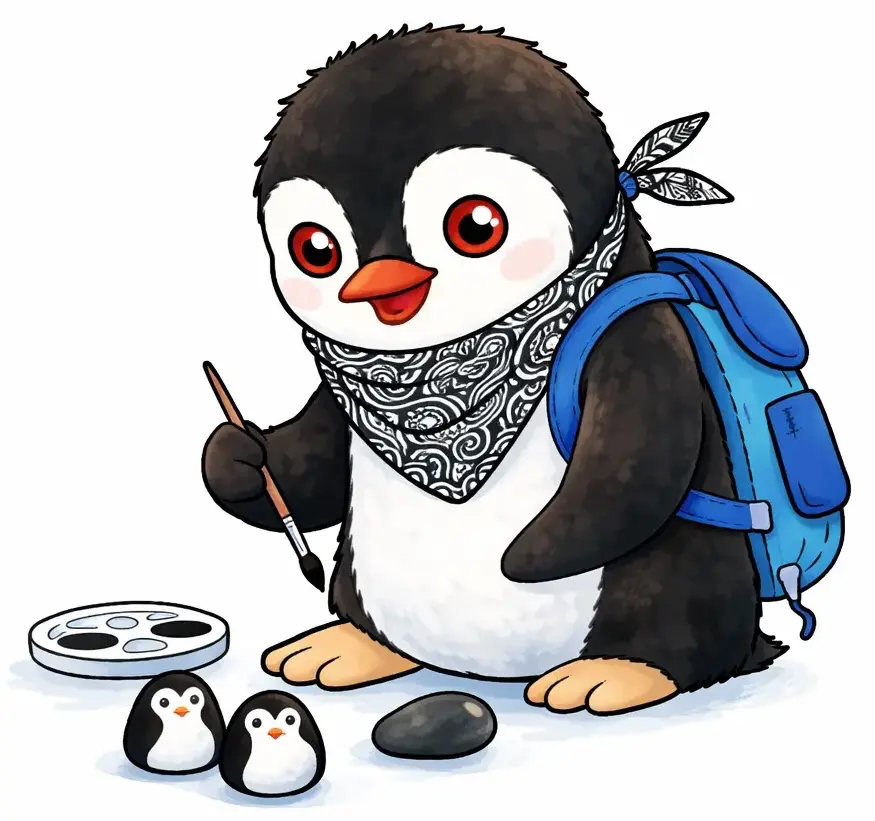 Illustration of Misko the penguin, wearing a backpack and bandana, painting a penguin stone