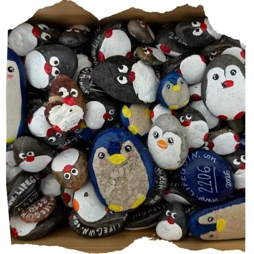A box of one-of-a-kind special edition penguin stones
