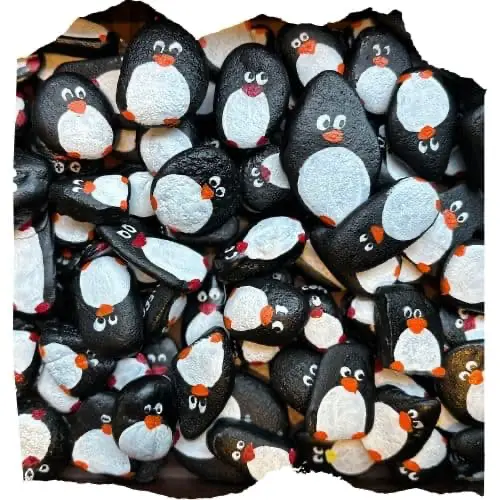 A box of standard black-and-white hand-painted penguin stones