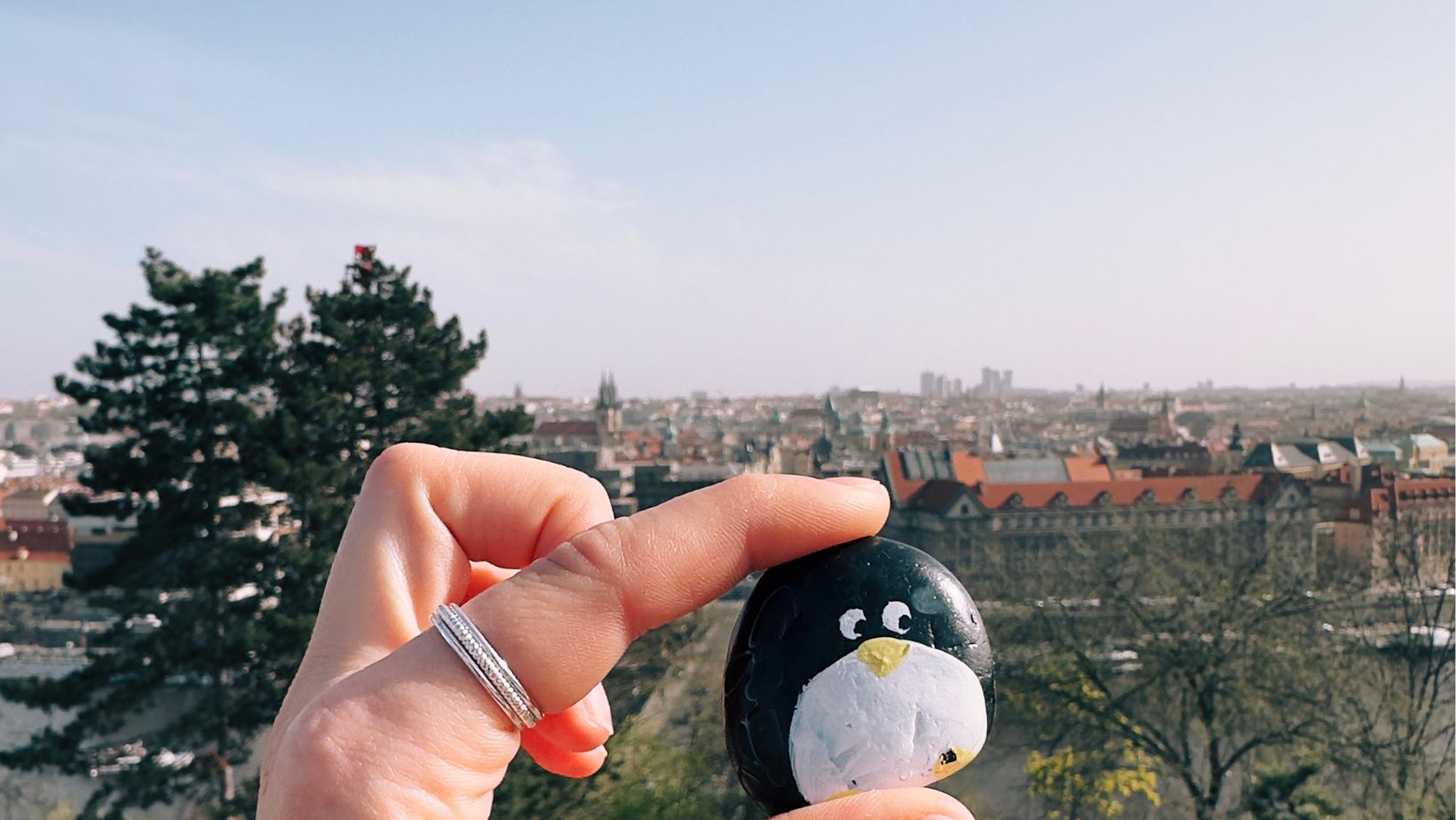 Hand-painted penguin stone #122 hidden at Metronome Sculpture, Prague, Czechia (photo 1 of 5)