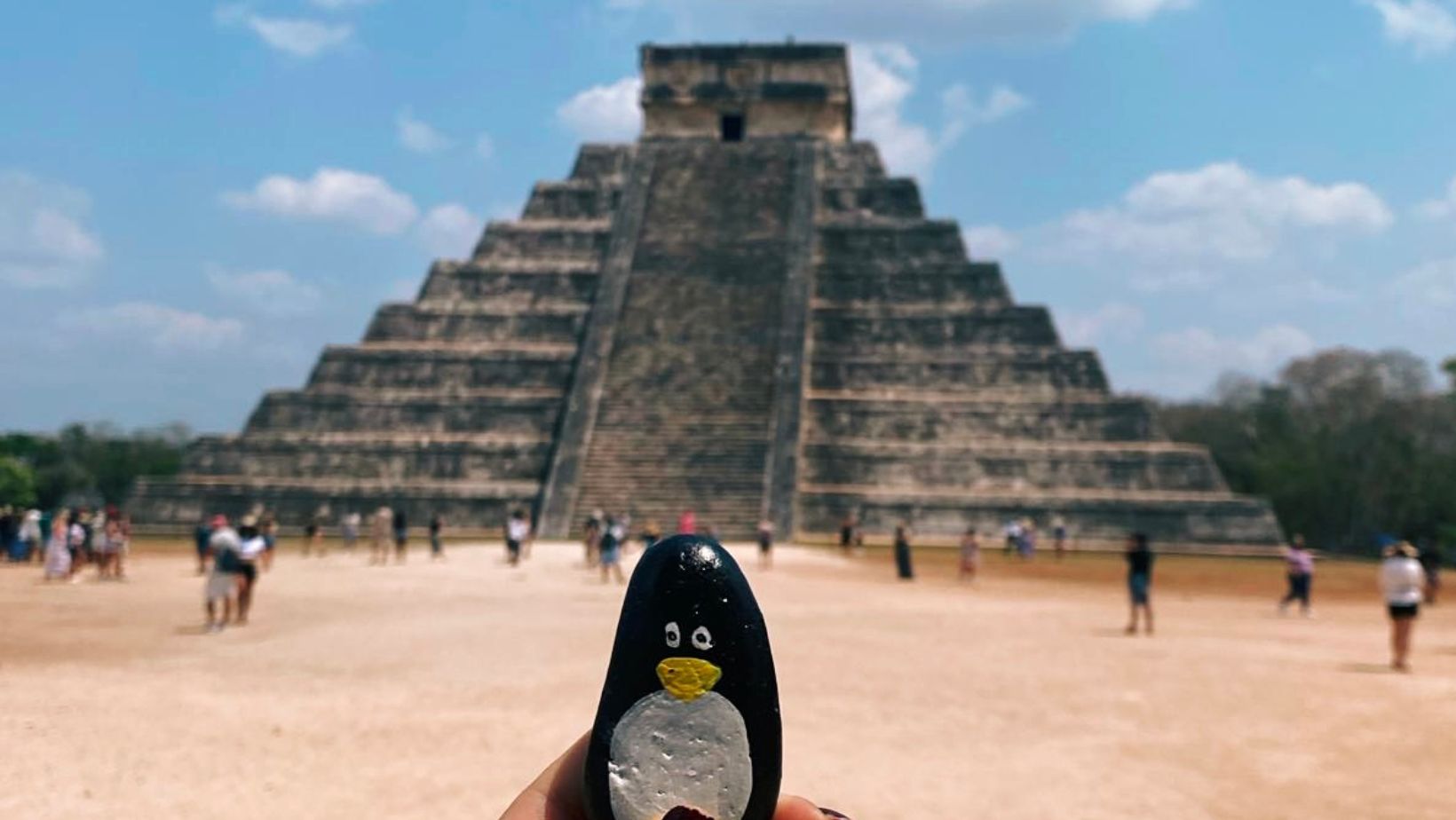 Hand-painted penguin stone #50 hidden at Chichen Itza, Yucatan, Mexico (photo 1 of 4)