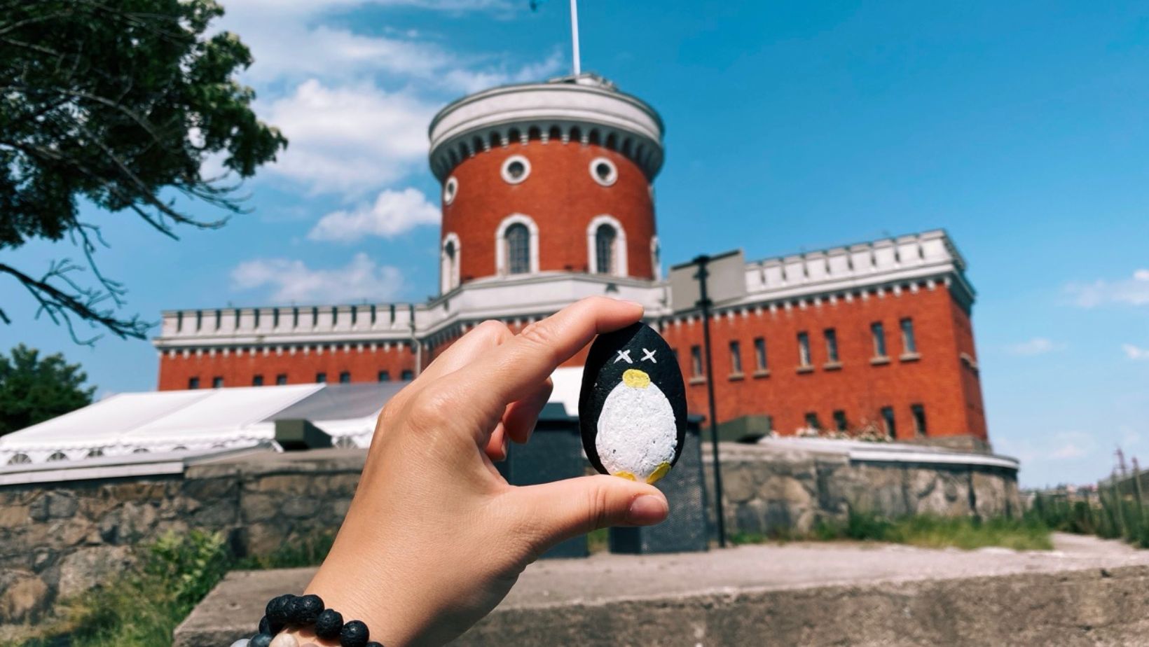 Hand-painted penguin stone #8 hidden at Kastellet, Stockholm, Sweden (photo 1 of 5)