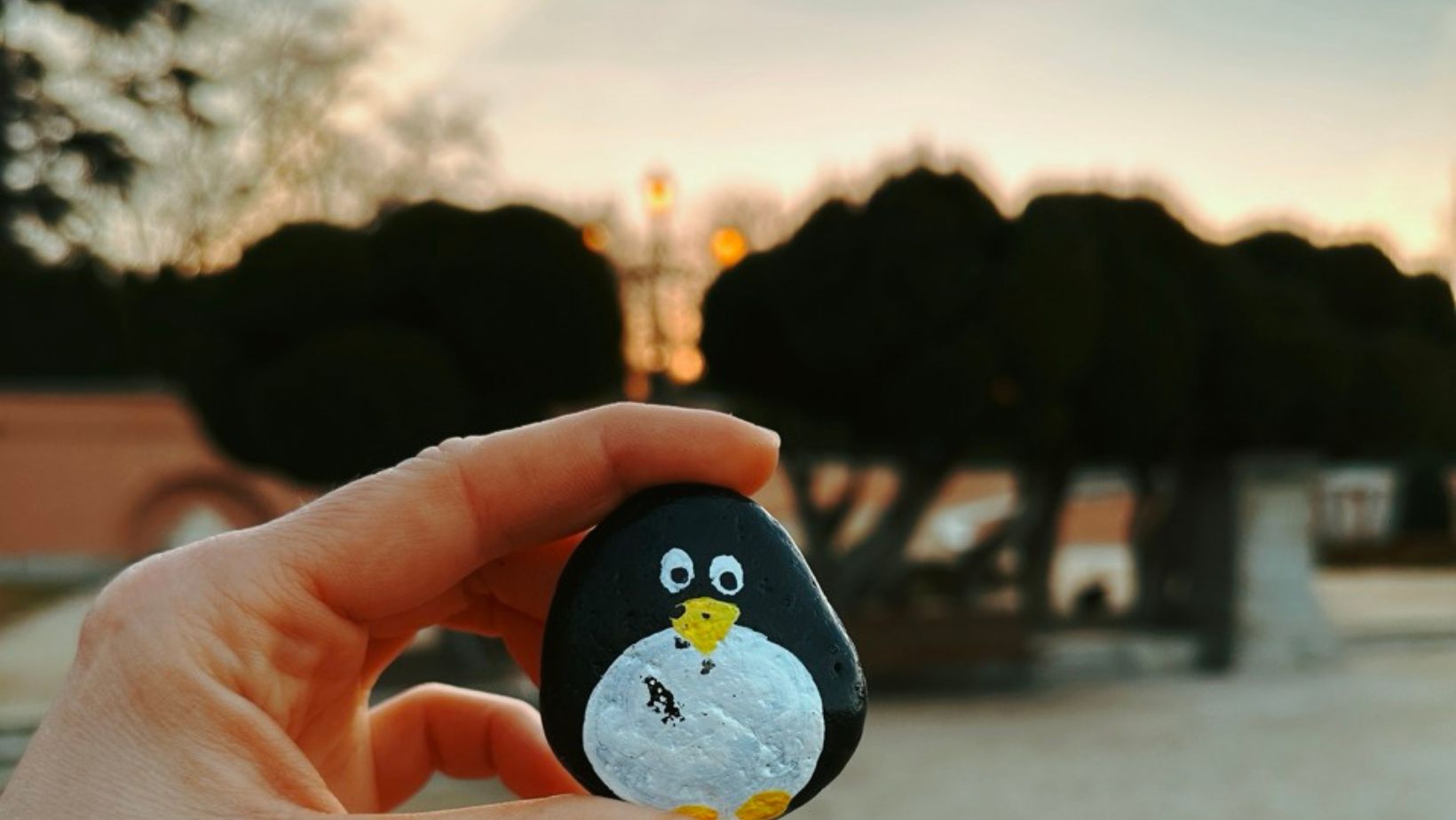 Hand-painted penguin stone #87 hidden at Monumento al Doctor Benavente, Madrid, Spain (photo 1 of 5)