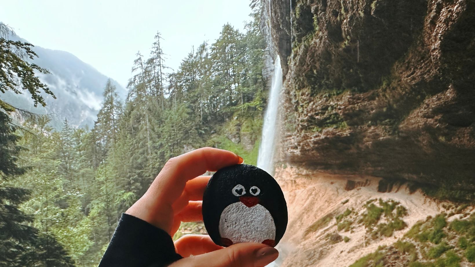 Hand-painted penguin stone #187 hidden at Slap Pericnik, Mojstrana, Slovenia (photo 1 of 5)