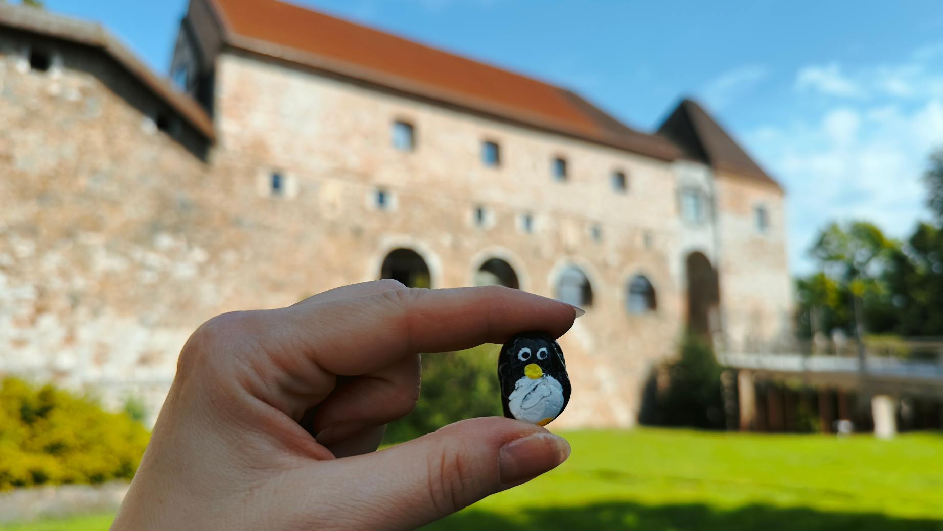 Hand-painted penguin stone #93 hidden at Ljubljana Castle, Ljubljana, Slovenia (photo 1 of 4)
