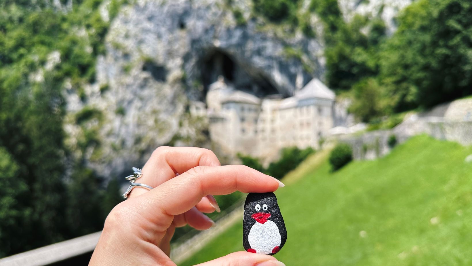 Hand-painted penguin stone #151 hidden at Predjama Castle, Predjama, Slovenia (photo 1 of 5)