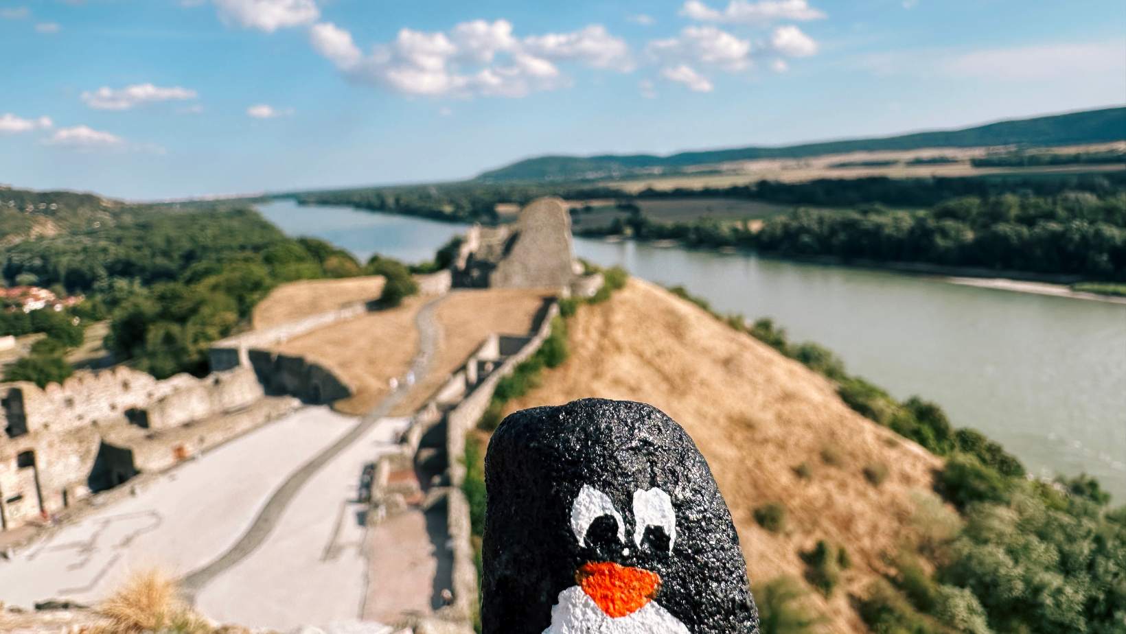 Hand-painted penguin stone #174 hidden at Devin Castle, Devin, Slovakia (photo 1 of 5)