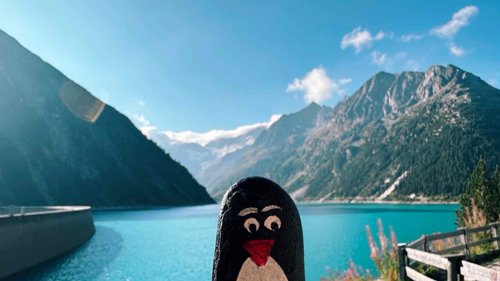 Hand-painted penguin stone #189 hidden at Schlegeisspeicher Reservoir, Tyrol, Austria (photo 1 of 5)