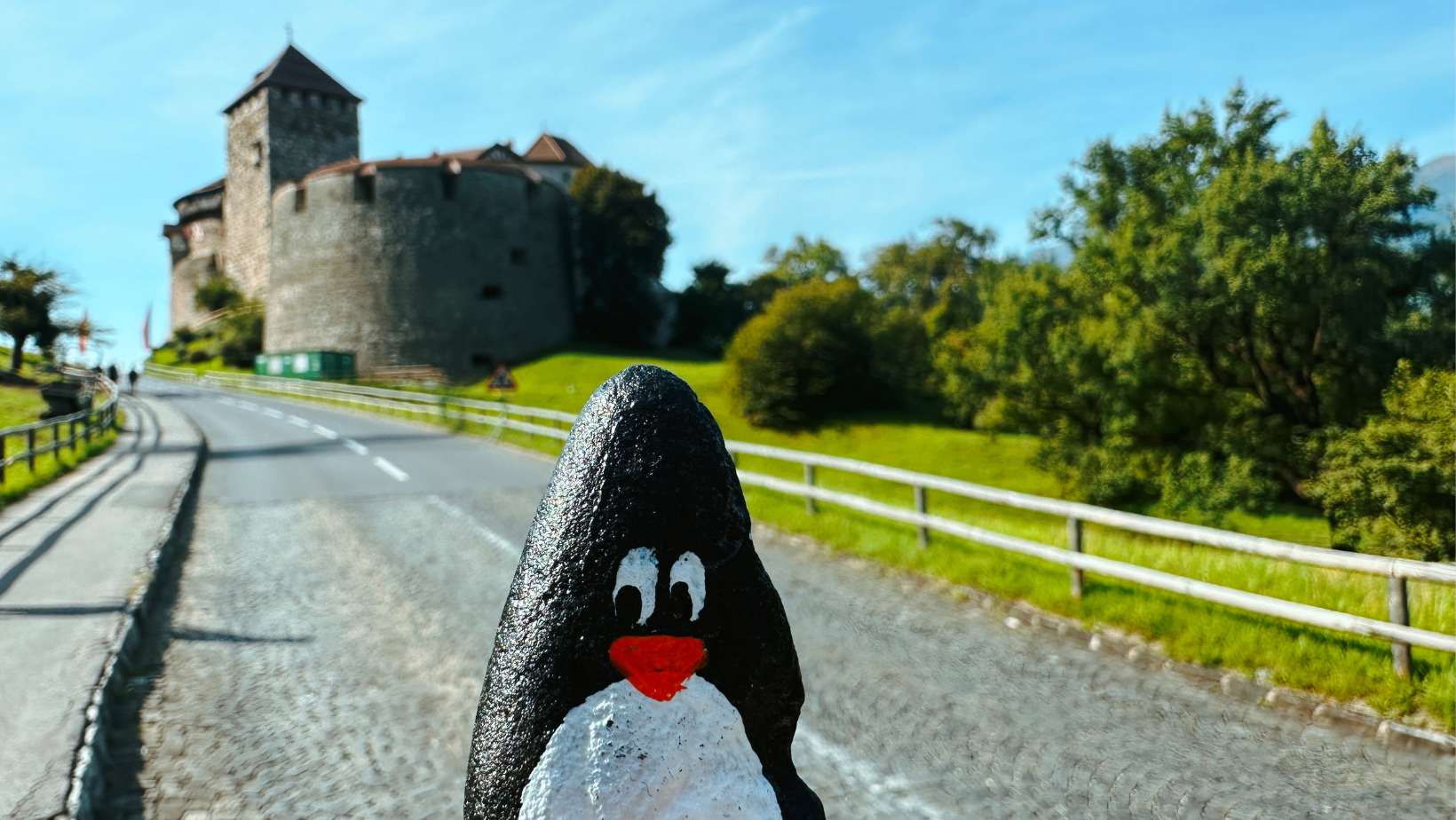 Hand-painted penguin stone #206 hidden at Vaduz Castle, Vaduz, Liechtenstein (photo 1 of 5)