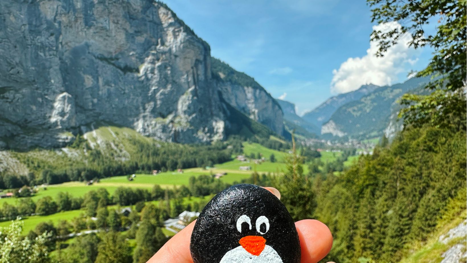 Hand-painted penguin stone #212 hidden at Trummelbach Waterfall, Lauterbrunnen, Switzerland (photo 1 of 5)