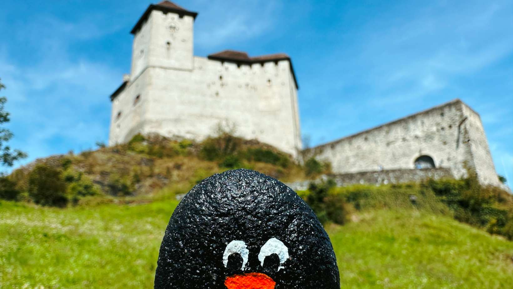 Hand-painted penguin stone #217 hidden at Gutenberg Castle, Balzers, Liechtenstein (photo 1 of 5)