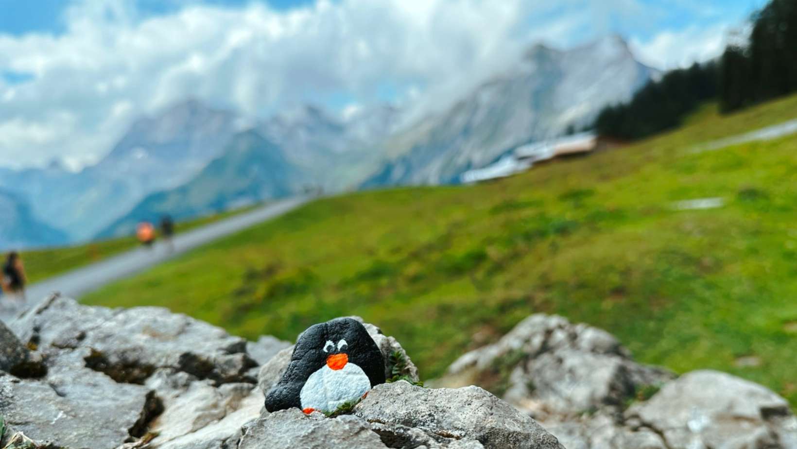 Hand-painted penguin stone #219 hidden at Oeschinen Cable Car, Oeschinen Lake, Switzerland (photo 1 of 5)