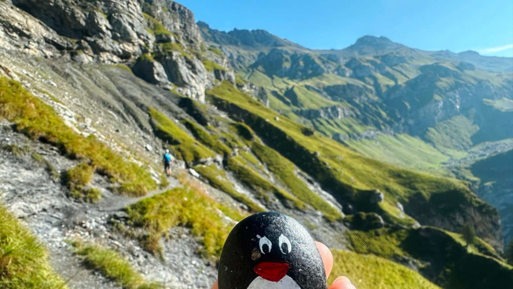 Hand-painted penguin stone #221 hidden at View Point Oeschinensee, Oeschinensee Lake, Switzerland (photo 1 of 5)