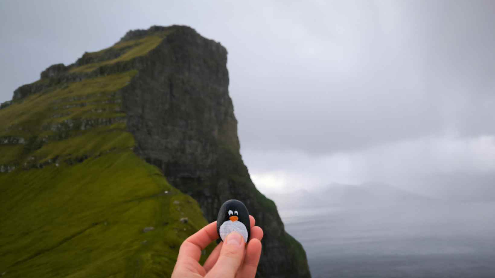 Hand-painted penguin stone #237 hidden at Kallur Lighthouse, Kalsoy, Faroe Islands (photo 1 of 5)
