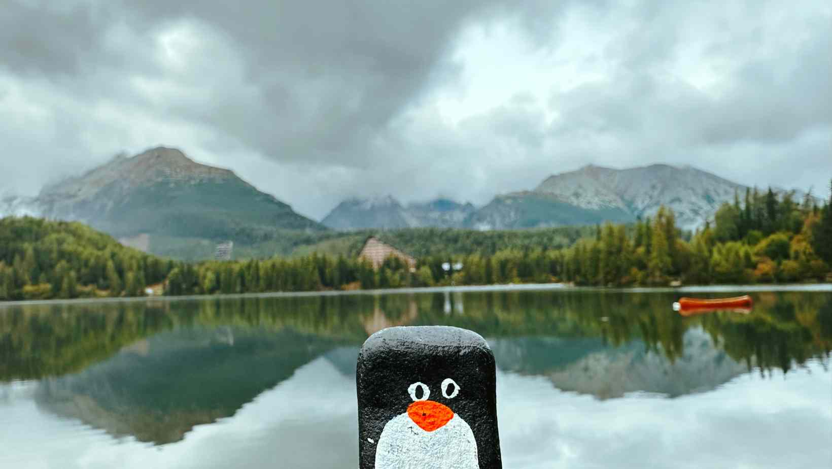 Hand-painted penguin stone #247 hidden at Small stone at Strbske Pleso, High Tatras, Slovakia (photo 1 of 5)