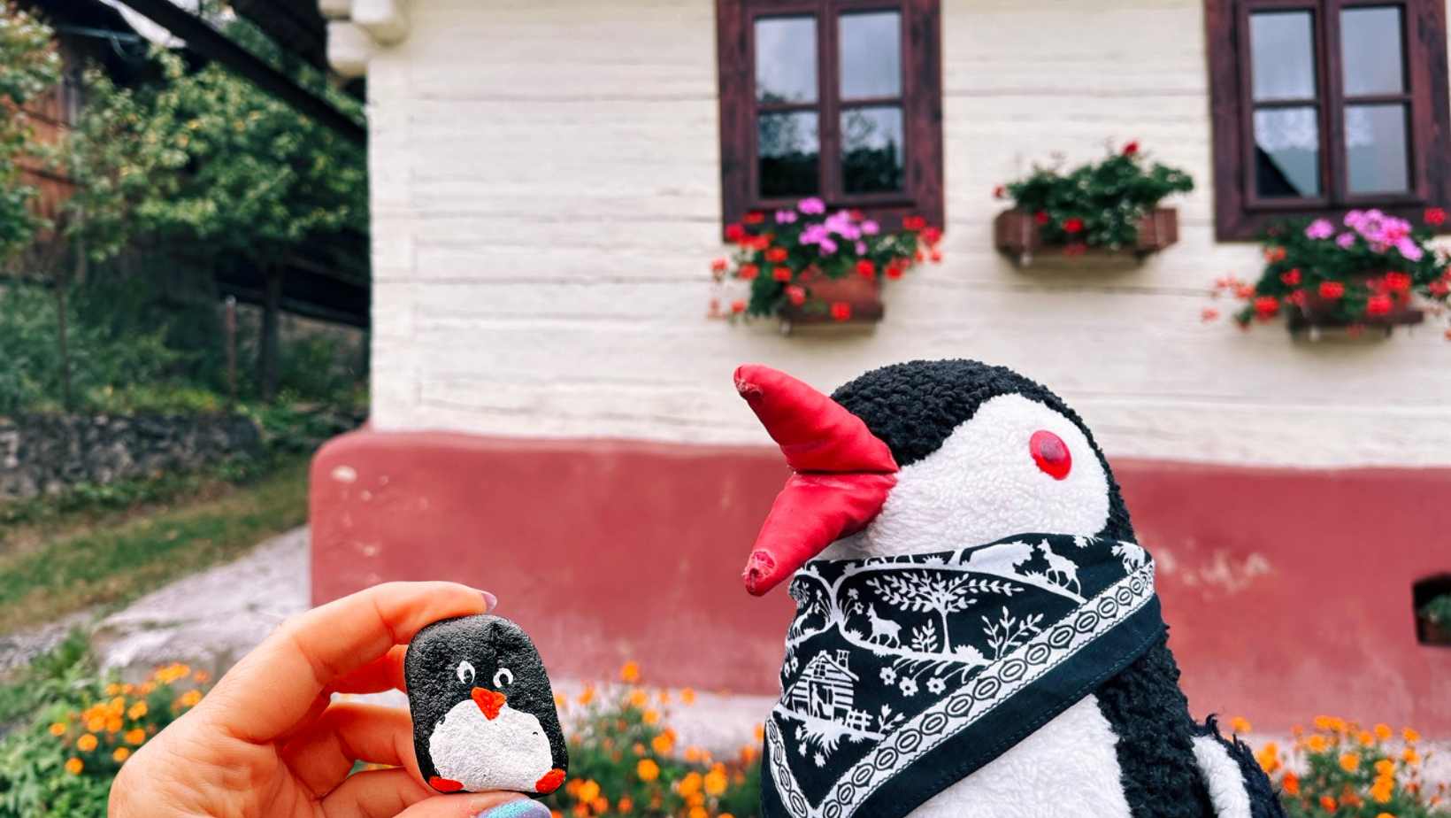 Hand-painted penguin stone #272 hidden at Cemetery, Vlkolinec, Slovakia (photo 1 of 5)