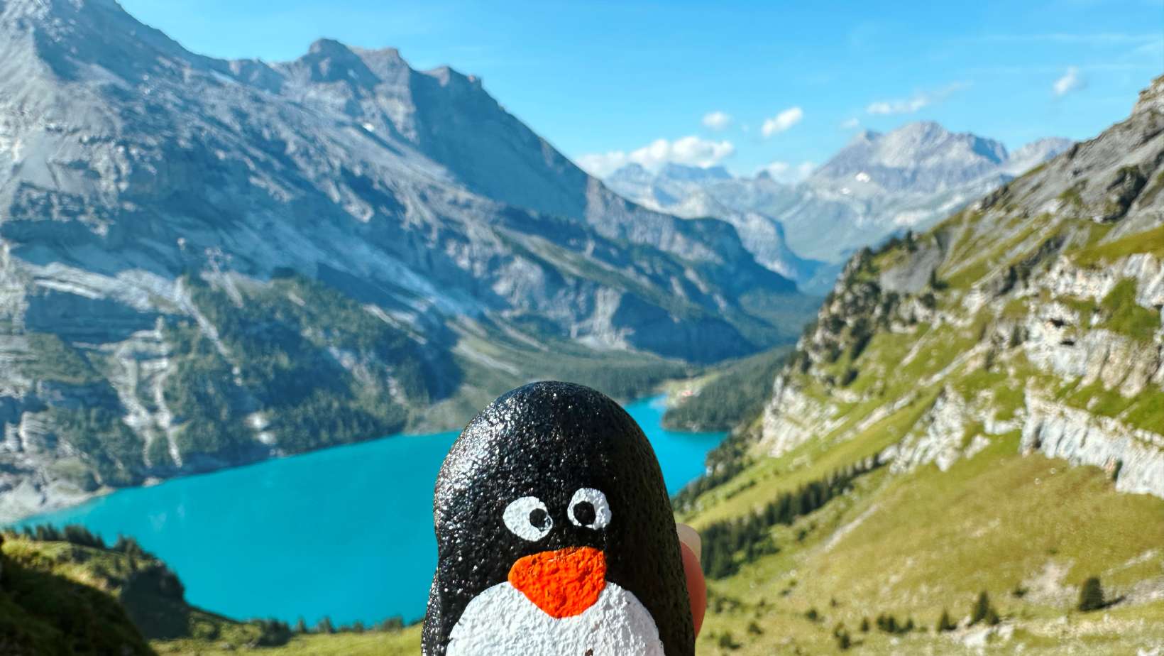 Hand-painted penguin stone #278 hidden at Bench, Oeschinen Lake, Switzerland (photo 1 of 5)