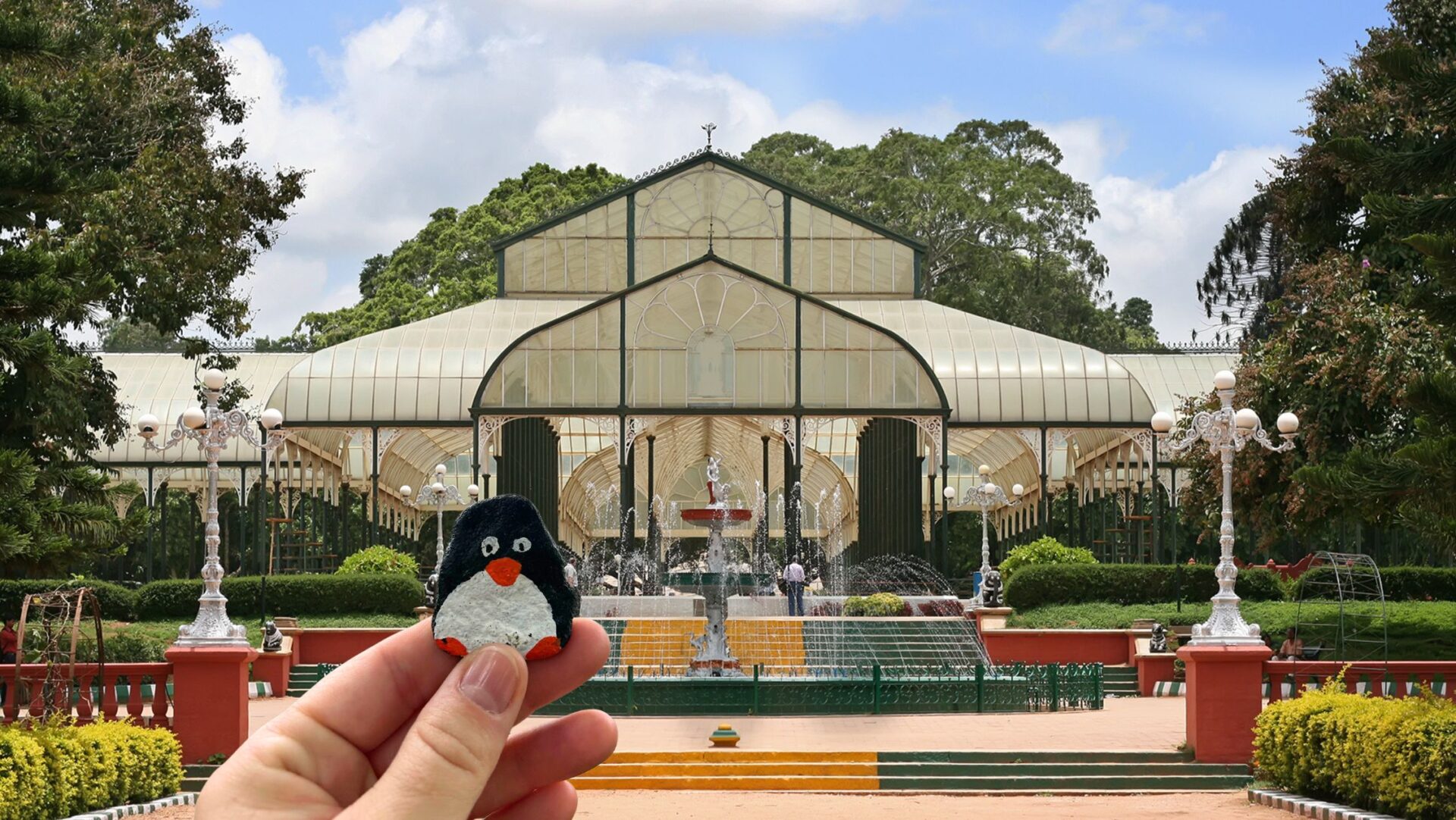 Hand-painted penguin stone #285 hidden at Botanical Garden, Bengalore, India (photo 1 of 4)