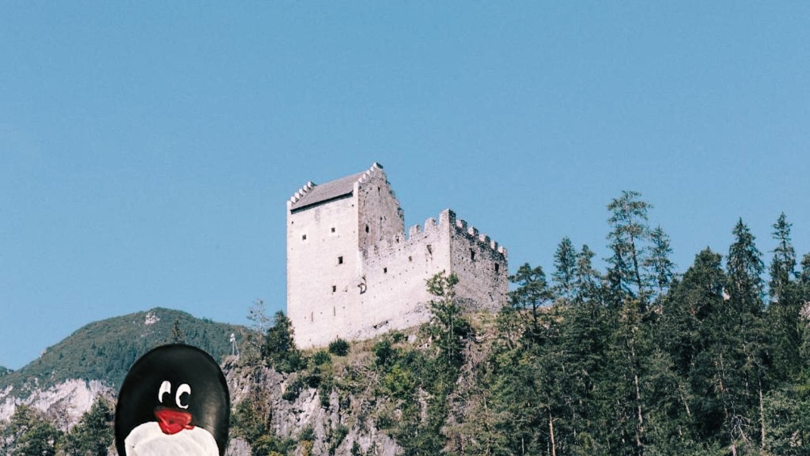 Hand-painted penguin stone #406 hidden at Kronburg Castle, Zams, Austria (photo 1 of 5)