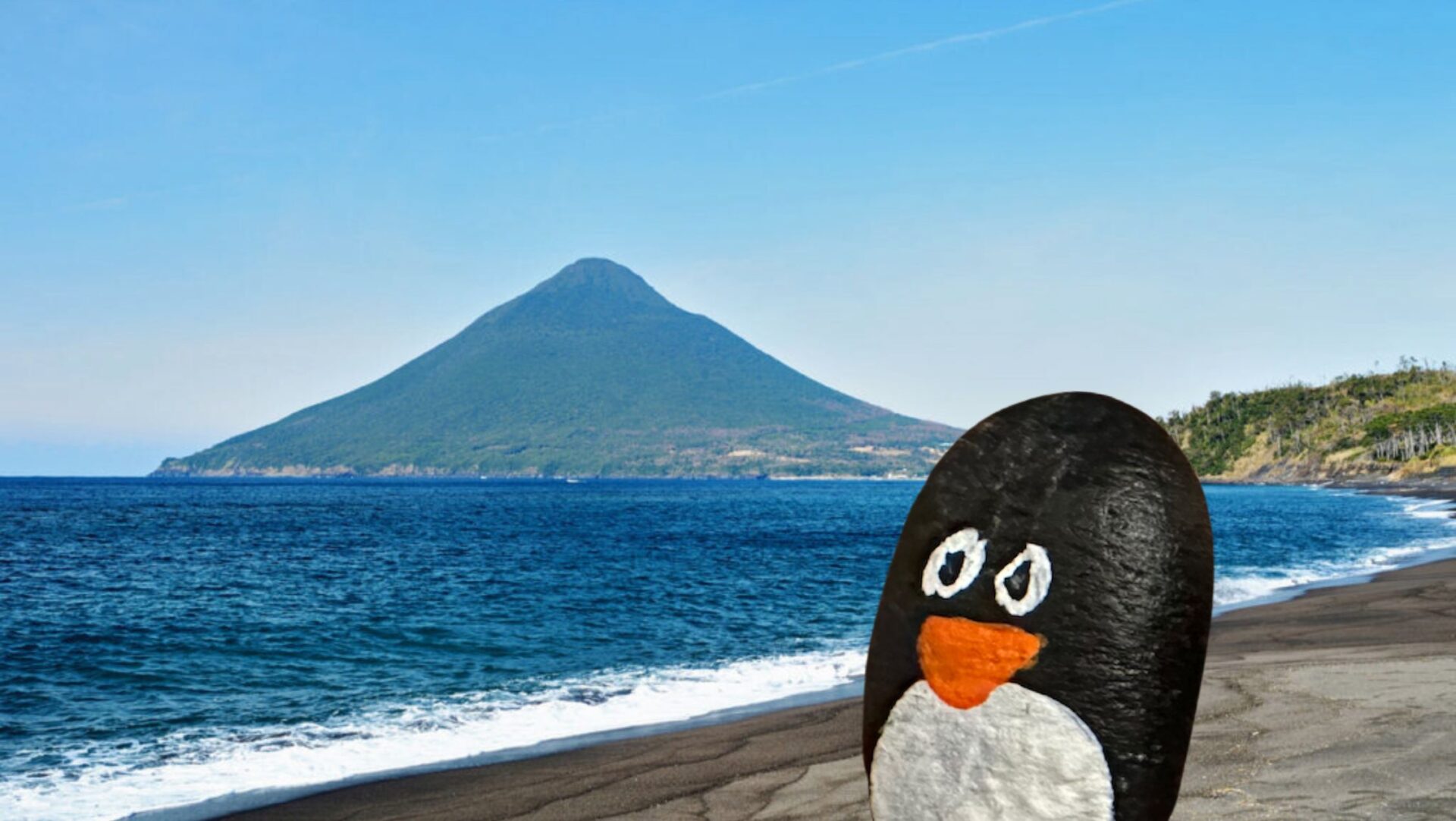Hand-painted penguin stone #279 hidden at Ibusuki, Kagoshima, Japan (photo 1 of 5)