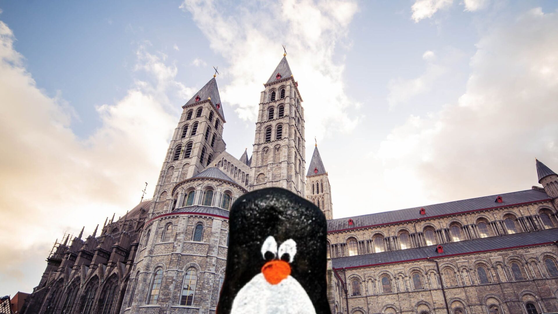 Hand-painted penguin stone #182 hidden at Cathedral of Notre-Dame of Tournai, Tournai, Belgium (photo 1 of 5)