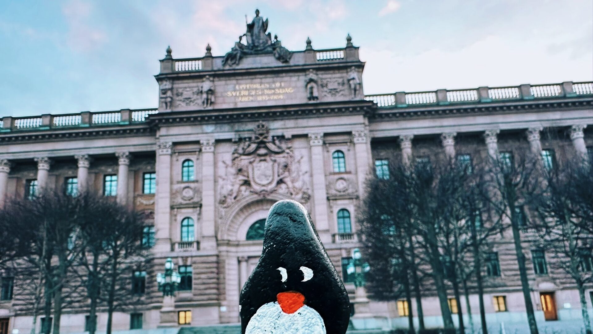 Hand-painted penguin stone #293 hidden at The Royal Palace, Stockholm, Sweden (photo 1 of 5)