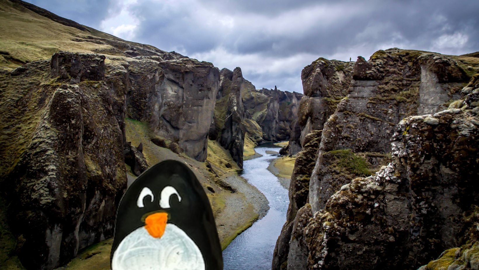 Hand-painted penguin stone #344 hidden at Fjadrargljufur Canyon, Kirkjubaejarklaustur, Iceland (photo 1 of 5)