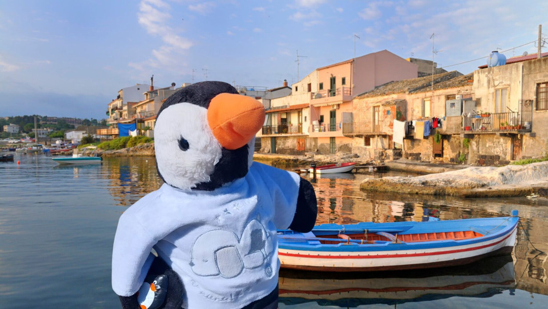 Hand-painted penguin stone #239 hidden at Castello di Brucoli, Brucoli, Italy (photo 1 of 5)