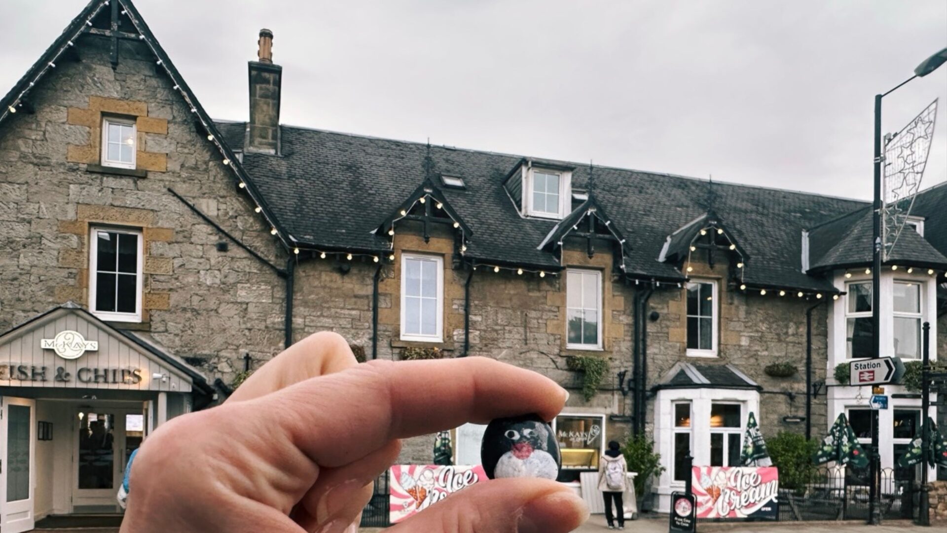 Hand-painted penguin stone #404 hidden at Rie-Achan Road, Pitlochry, United Kingdom (photo 1 of 5)