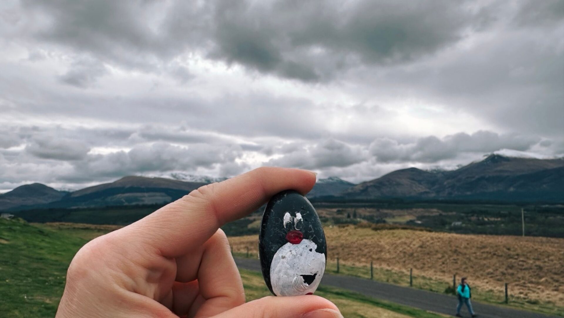 Hand-painted penguin stone #460 hidden at Ben Nevis Viewpoint, Spean Bridge, United Kingdom (photo 1 of 5)