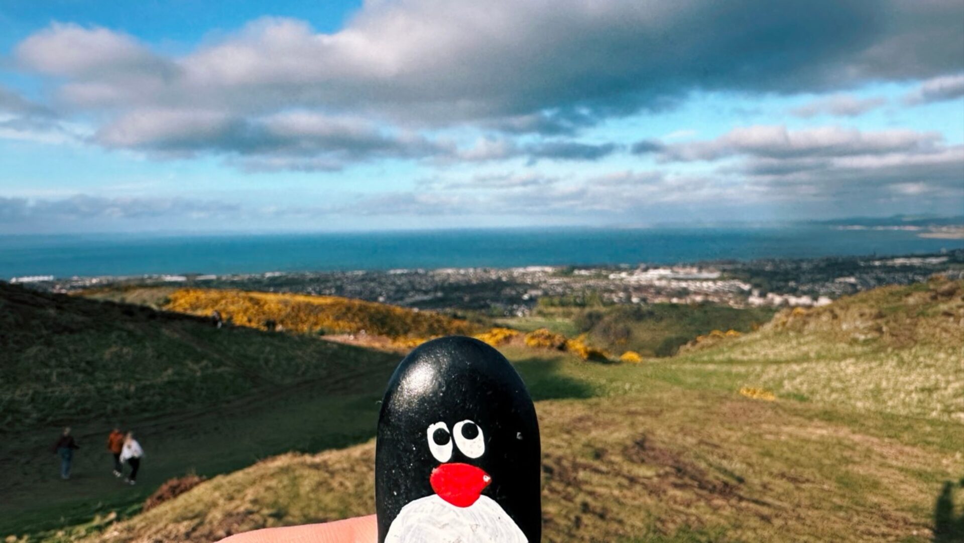 Hand-painted penguin stone #668 hidden at Stanthony's Chapel, Edinburgh, United Kingdom (photo 1 of 5)