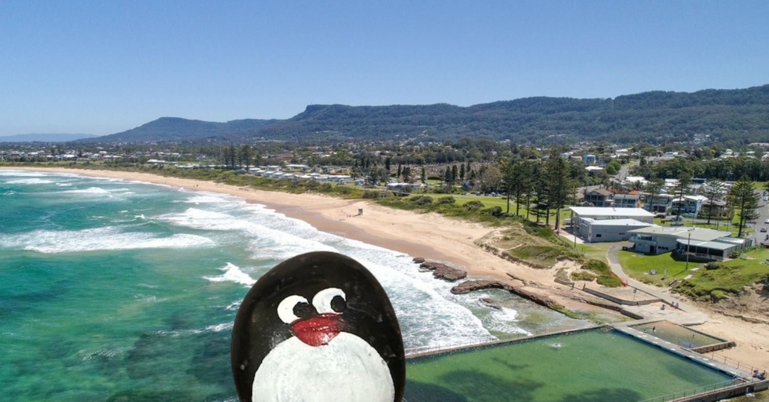 Hand-painted penguin stone #448 hidden at Bulli Beach, Wollongong, Australia (photo 1 of 5)