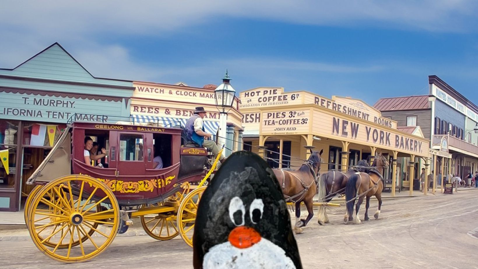 Hand-painted penguin stone #468 hidden at Sovereign Hill, Ballarat, Australia (photo 1 of 5)