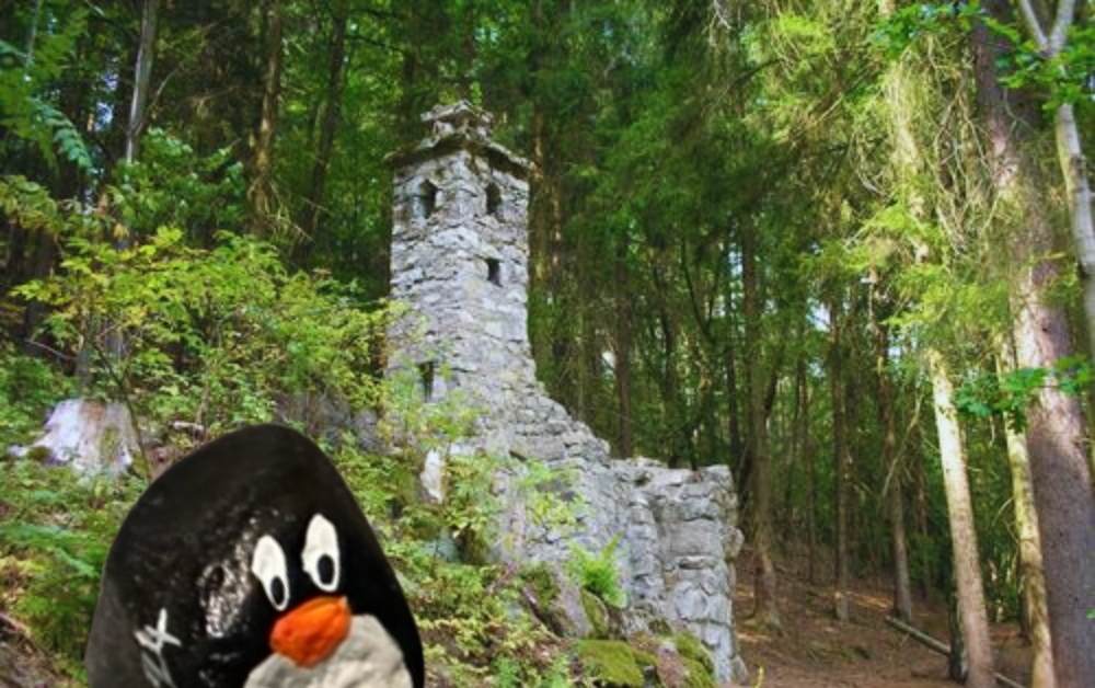Hand-painted penguin stone #283 hidden at Mysi hradek, Nejdek, Czechia (photo 1 of 5)