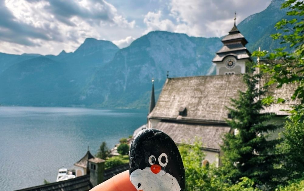 Hand-painted penguin stone #525 hidden at Wooden Shelter, Hallstatt, Austria (photo 1 of 5)