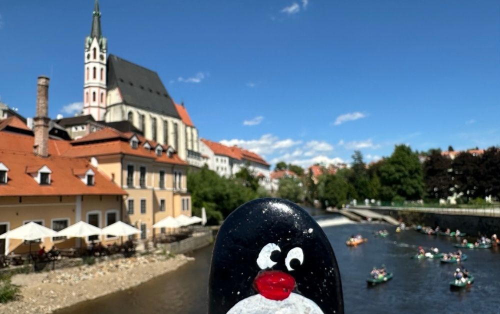 Hand-painted penguin stone #586 hidden at Cloak Bridge, Cesky Krumlov, Czechia (photo 1 of 5)
