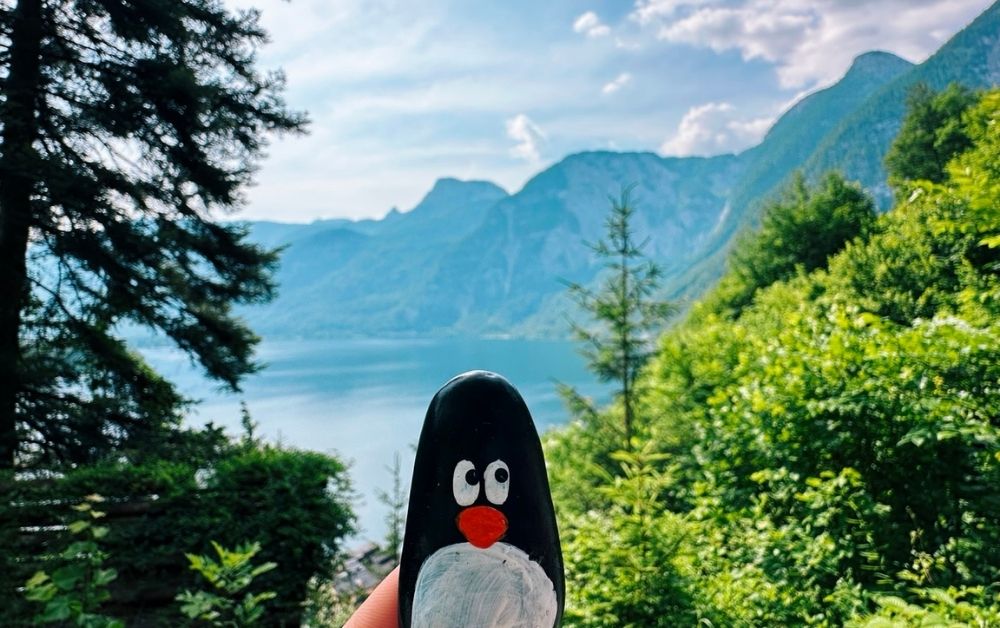 Hand-painted penguin stone #635 hidden at Waterfall, Hallstatt, Austria (photo 1 of 5)