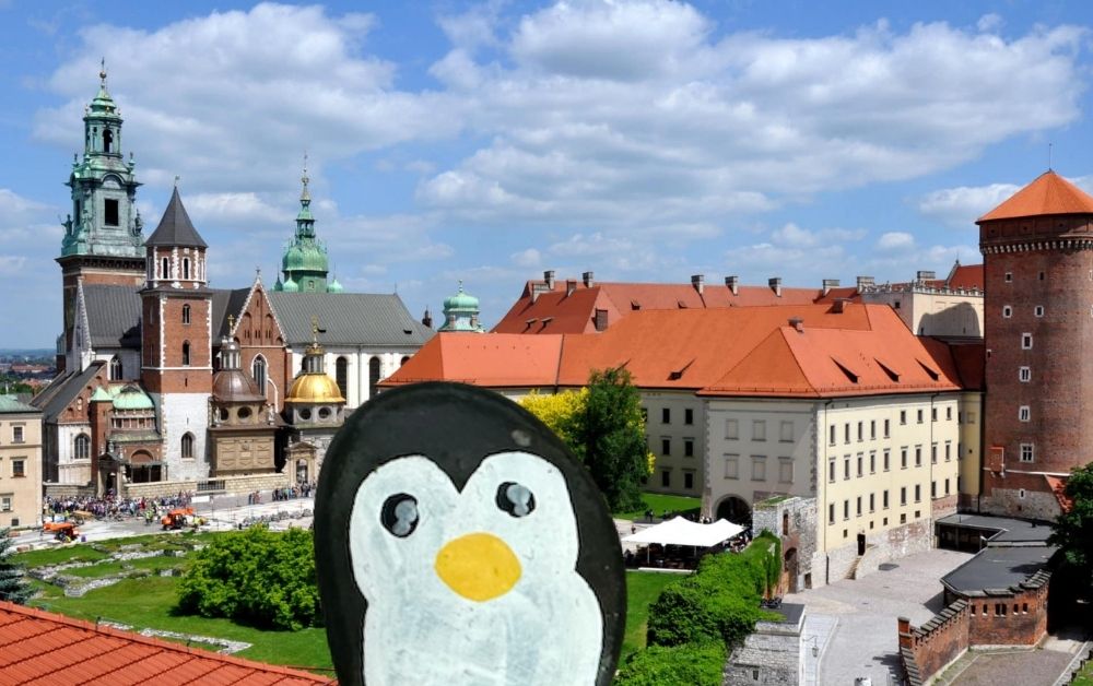 Hand-painted penguin stone #1022 hidden at Wawel Royal Castle, Krakow, Poland (photo 1 of 5)