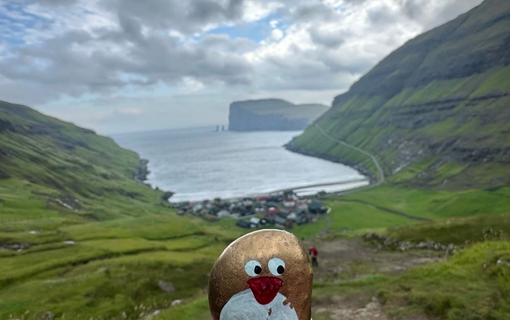 Hand-painted penguin stone #511 hidden at Trail Marking, Tjornuvik, Faroe Islands (photo 1 of 5)