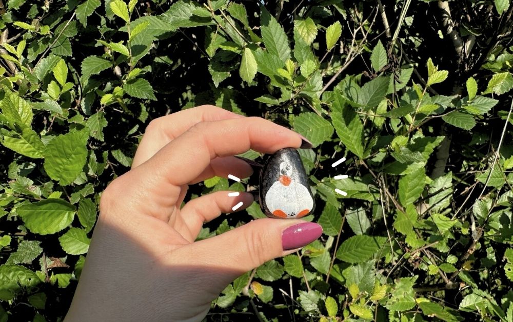 Hand-painted penguin stone #537 hidden at Victoria's Gardens, Stara Lubovna, Slovakia (photo 1 of 5)