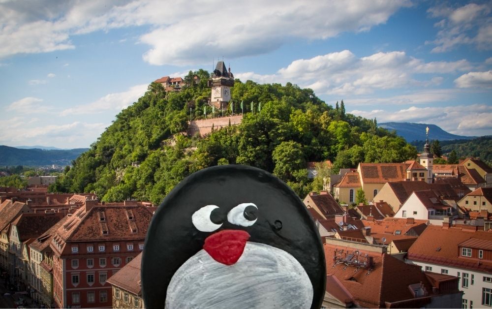 Hand-painted penguin stone #674 hidden at Schlossberg, Graz, Austria (photo 1 of 5)