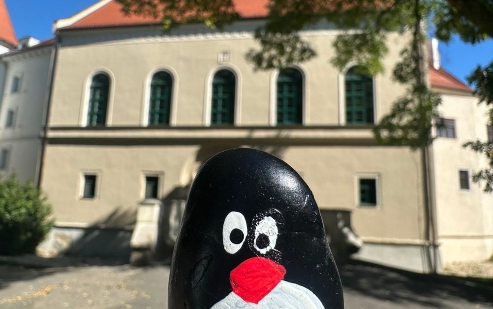 Hand-painted penguin stone #705 hidden at Castle Park, Pezinok, Slovakia (photo 1 of 5)