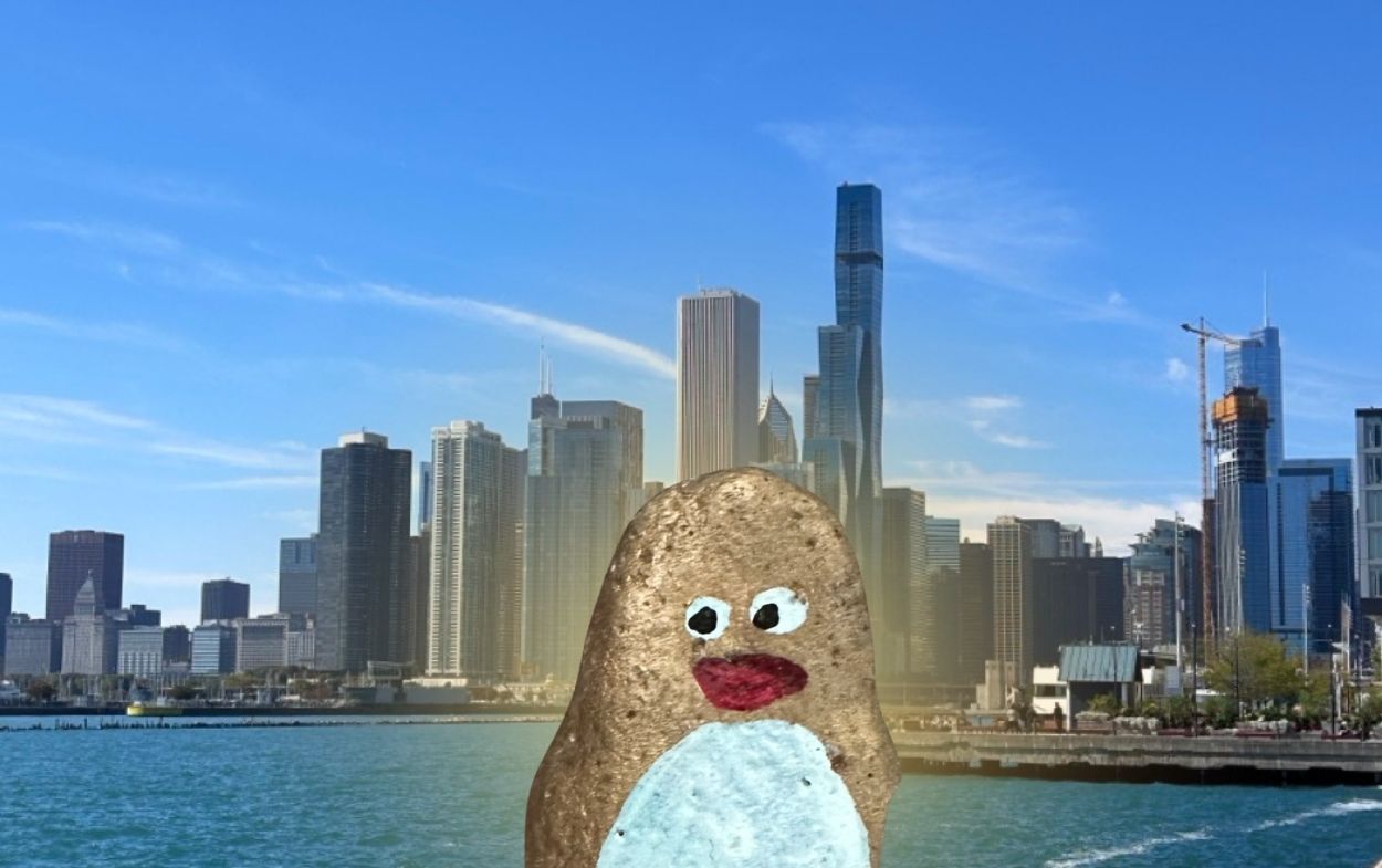 Hand-painted penguin stone #519 hidden at Bob Newhart Statue, Chicago, United States (photo 1 of 5)
