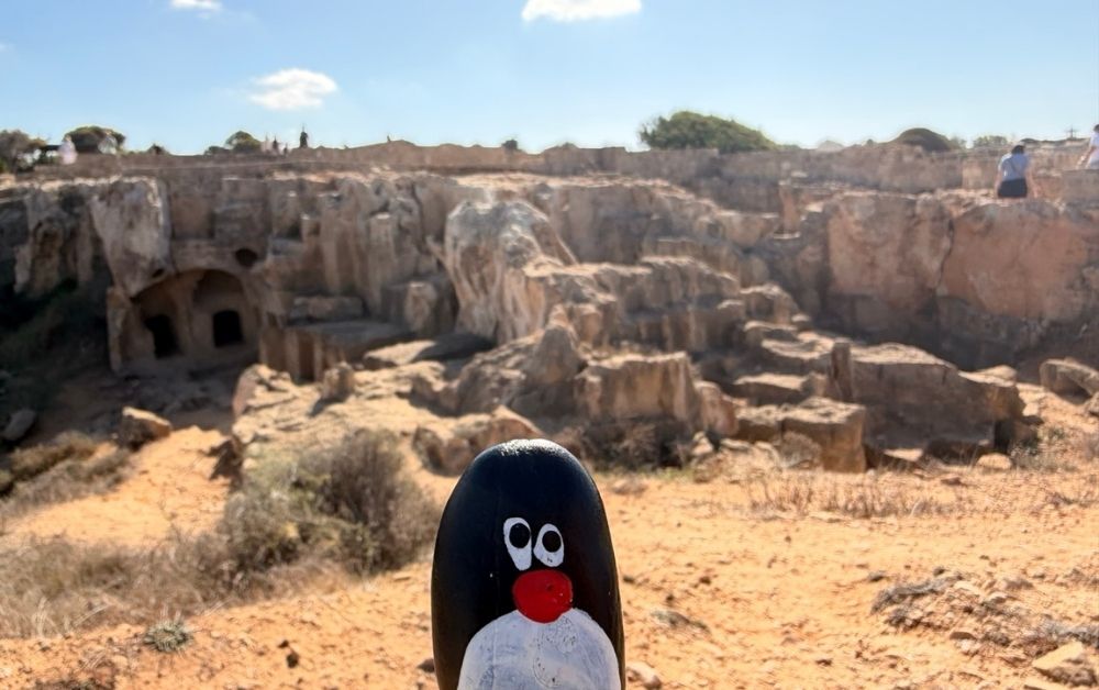 Hand-painted penguin stone #711 hidden at Close to Tomb 2 at Tombs of Kings, Paphos, Cyprus (photo 1 of 5)