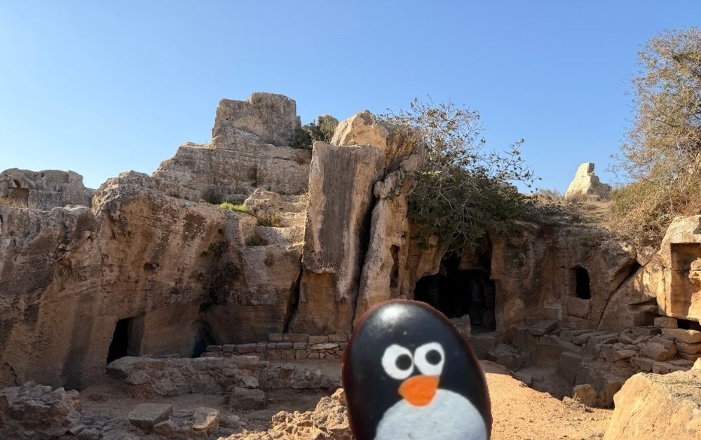 Hand-painted penguin stone #754 hidden at Tomb 9 at Tombs of Kings, Paphos, Cyprus (photo 1 of 5)