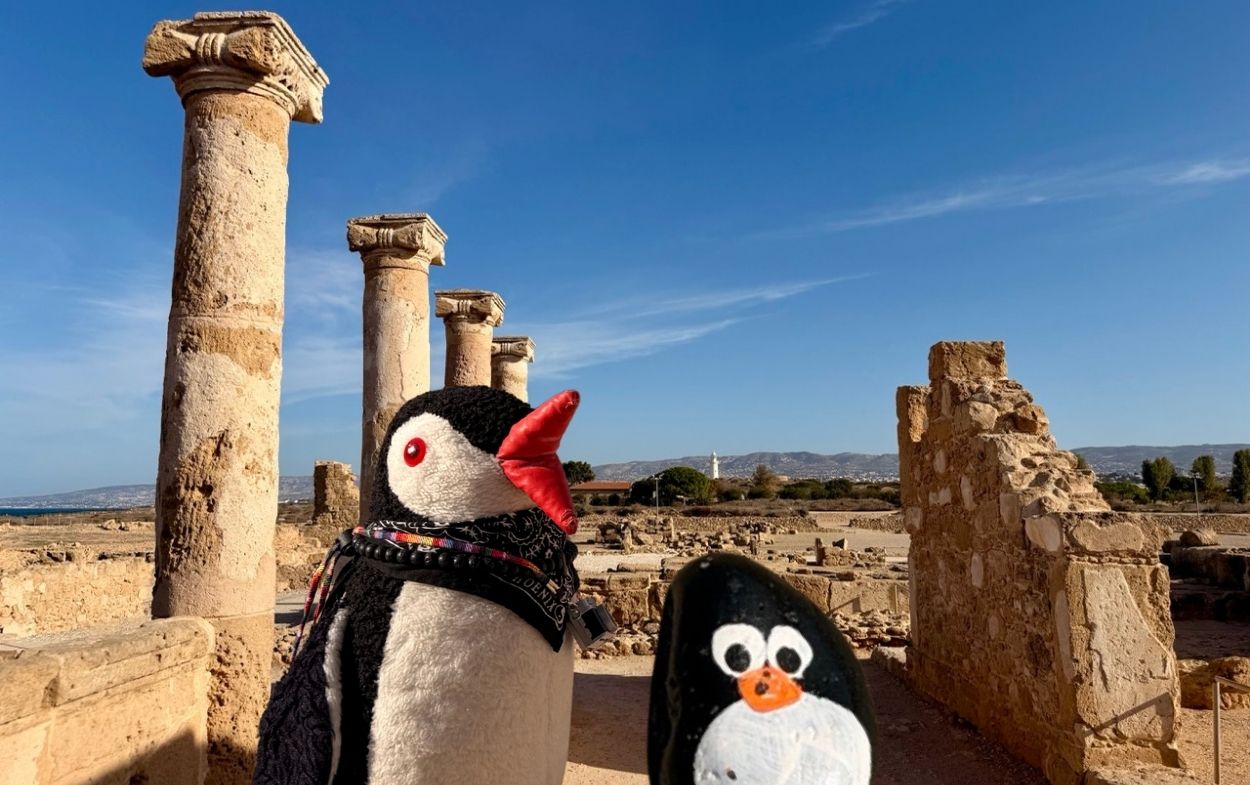 Hand-painted penguin stone #756 hidden at The House of Dionysos, Paphos, Cyprus (photo 1 of 5)