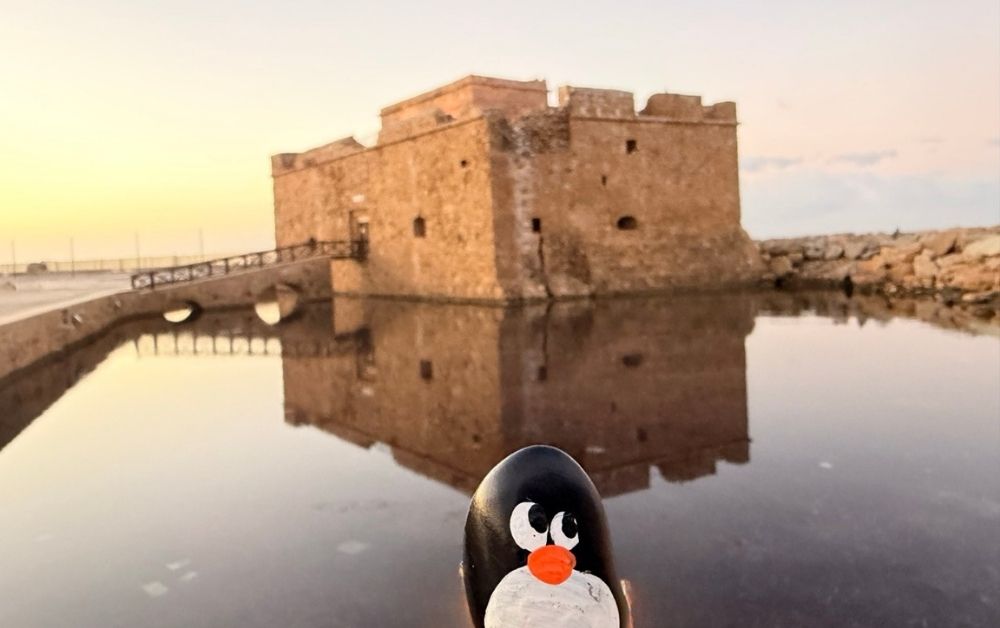 Hand-painted penguin stone #762 hidden at Paphos Castle, Paphos, Cyprus (photo 1 of 5)